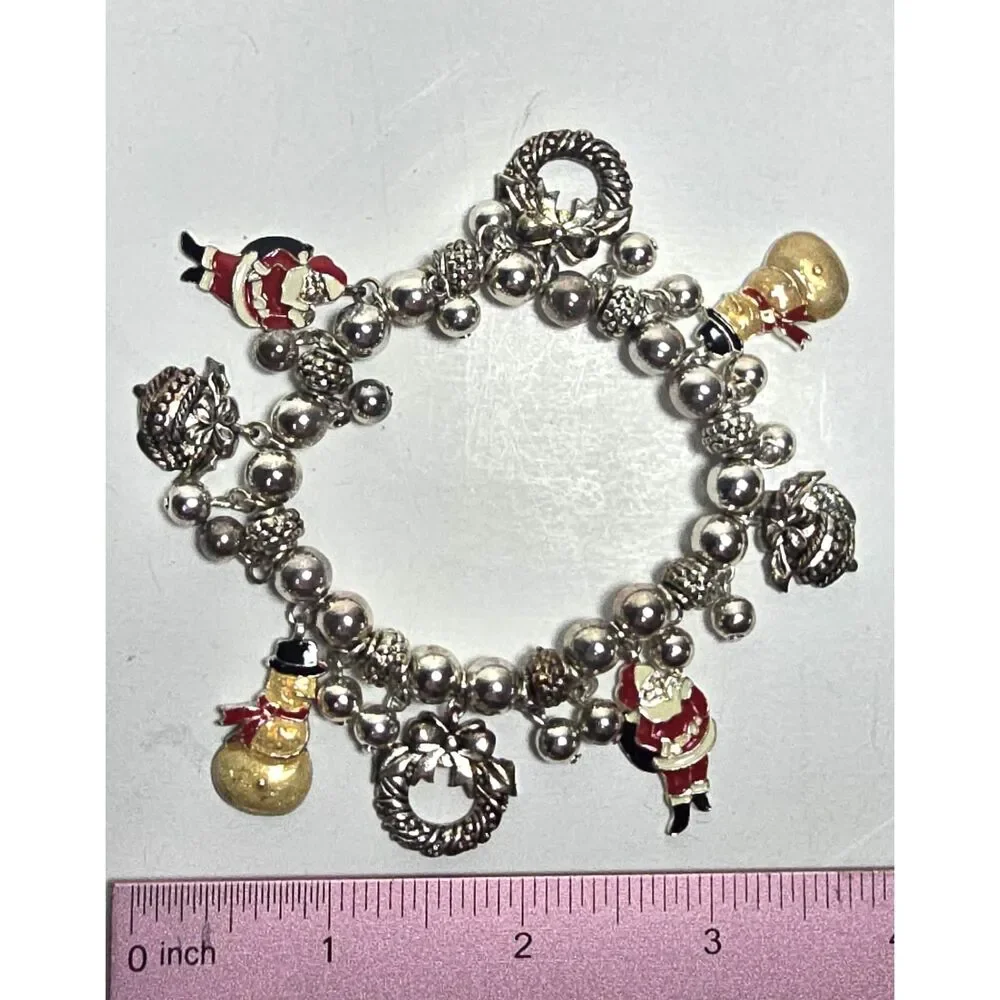 Avon Christmas Charm Bracelet Silver Tone Stretch Santa Snowman Wreath Jewelry